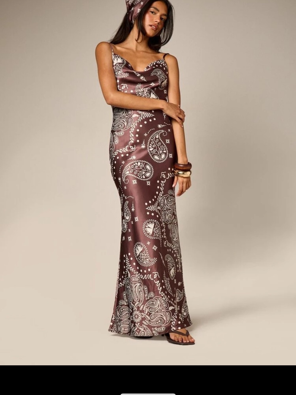 Satin Paisley Slip Dress in Brown bandana print